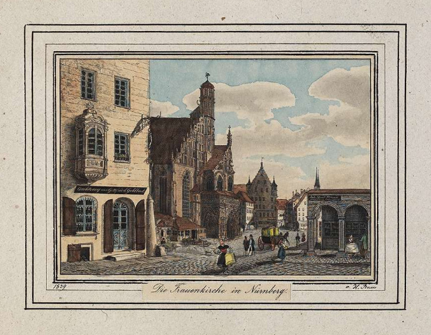 Ein Gemälde einer Stadtstraße mit der Frauenkirche in Nürnberg, umgeben von Gebäuden mit Fenstern, Menschen und Karren, unter einem bewölkten Himmel.