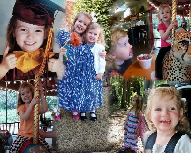 Collage mit lustigen Fahrgeschäften, Kindern an einem Tisch mit Essen, Tassen, Löffeln, verschiedenen Gegenständen, Lichtern, einer Wand, Büschen, Bäumen, Gras, Seil und einem Hut.