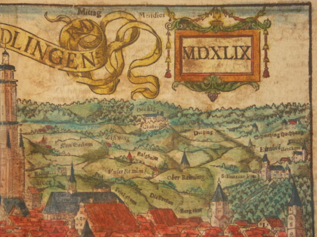 Ein altes, detailliertes Stadtplan von Dlingen, Deutschland, mit verschiedenen Gebäuden, üppigen grünen Bäumen und dekorativem Text, das die Stadt und die umliegende Landschaft zeigt.