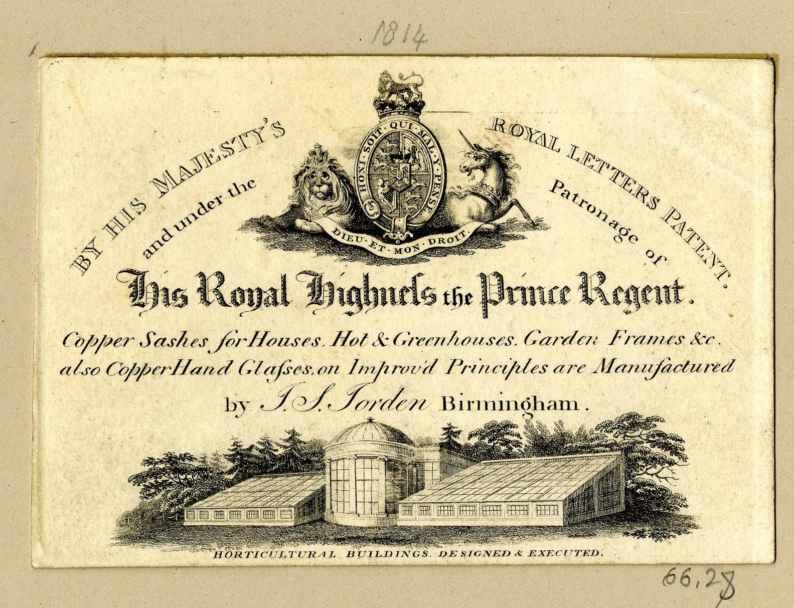 Alte Visitenkarte mit einem Gebäude, Bäumen, Text 'Die königlichen Hochhäuser des Prinzen Regent' und einem Logo.