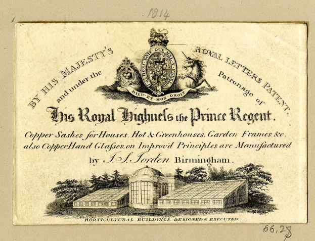 Alte Visitenkarte mit einem Gebäude, Bäumen, Text 'Die königlichen Hochhäuser des Prinzen Regent' und einem Logo.