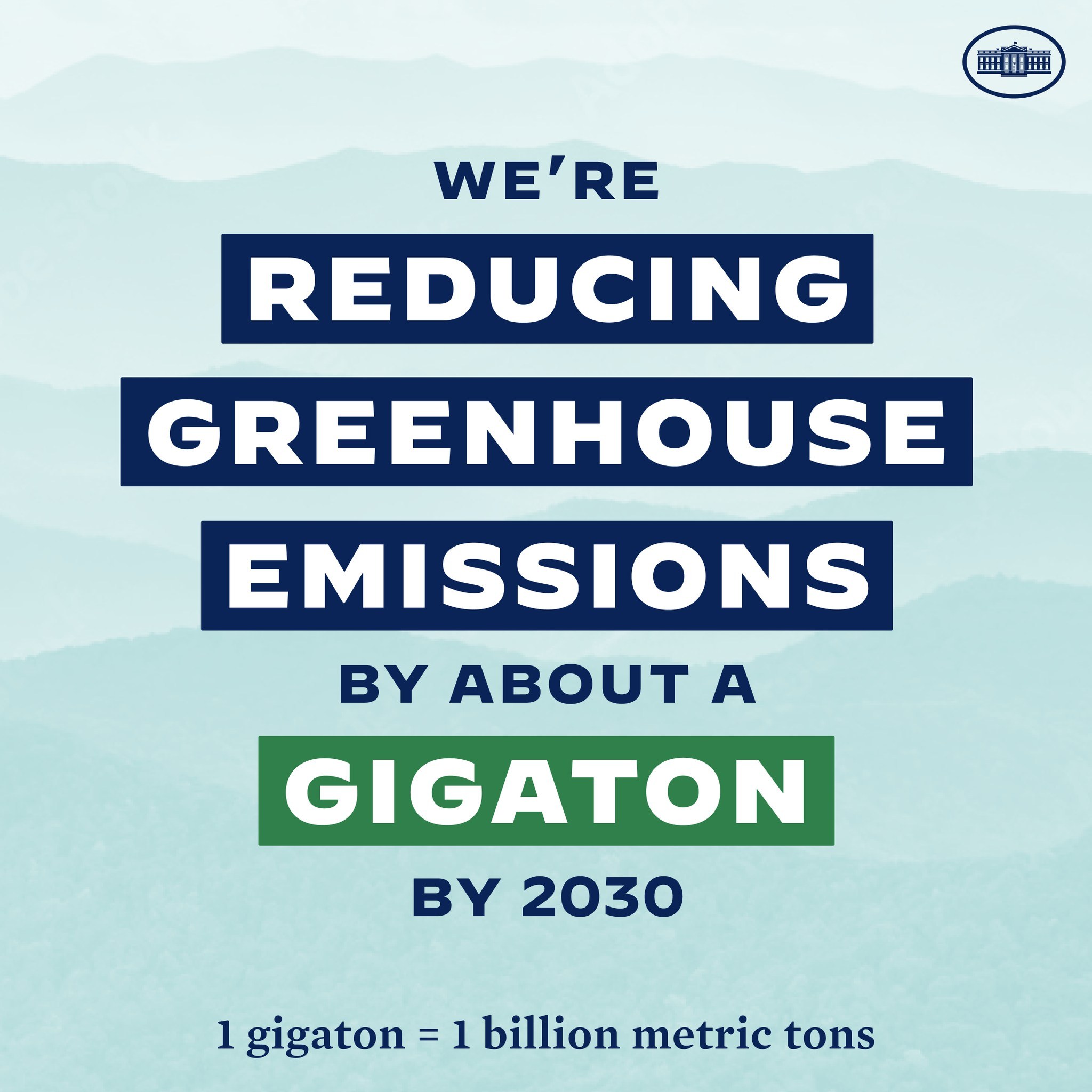 Plakat mit der Aufschrift "Wir reduzieren die Treibhausgasemissionen um etwa eine Gigatonne bis 2030" mit Logo, das die Reduzierung der Treibhausgasemissionen bis 2030 fordert.