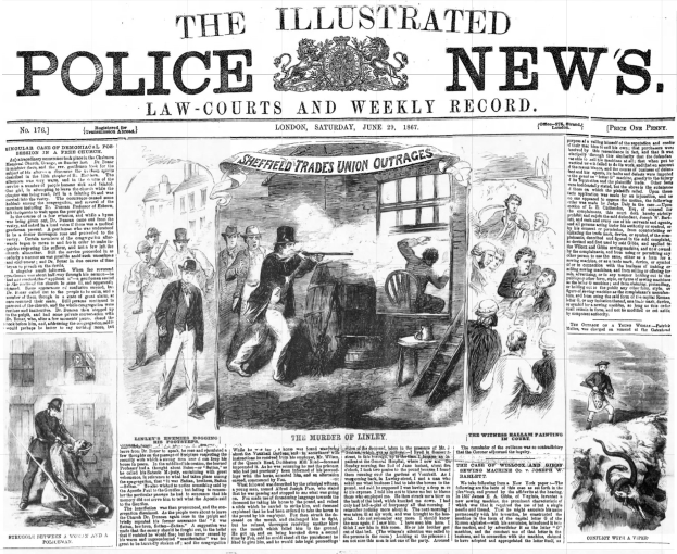 Schwarze und Weiße Titelseite der Illustrated Police News von 1867 mit einer zentralen Illustration einer Gruppe von Menschen und der Überschrift "Police News" sowie einem Logo oben.