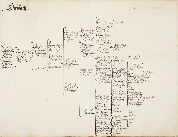 Ein aufgeschlagenes Buch mit einer handschriftlichen Ahnenforschung der deutschen Familie, gefüllt mit detaillierten Texten über Familienmitglieder und ihre Abstammung.