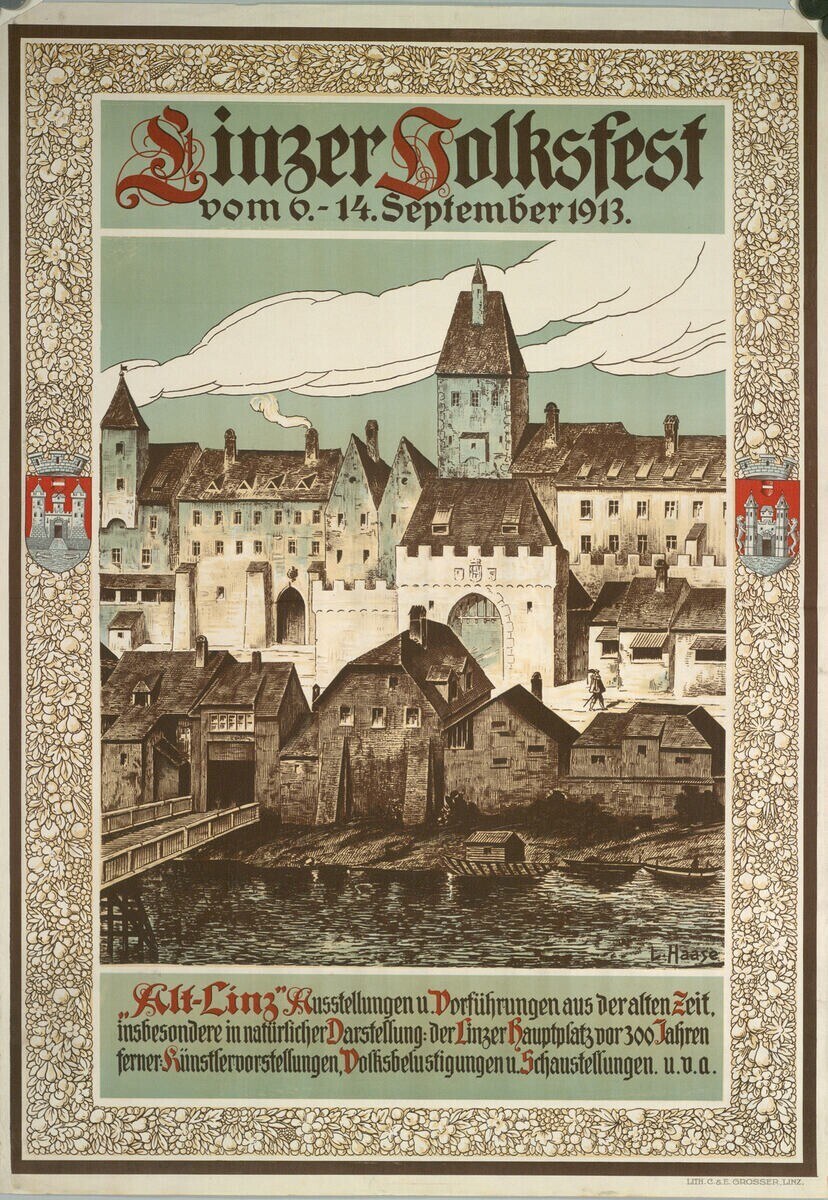 Alter deutscher Festivalplakat mit einer Burillustration umgeben von H├Ąusern und Text.
