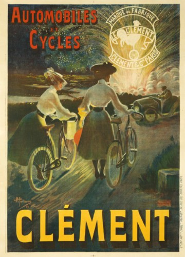 Ein Plakat, das Clement Automobiles und Fahrräder bewirbt, zeigt zwei Fahrradfahrer mit einem Fahrzeug im Hintergrund und Text.