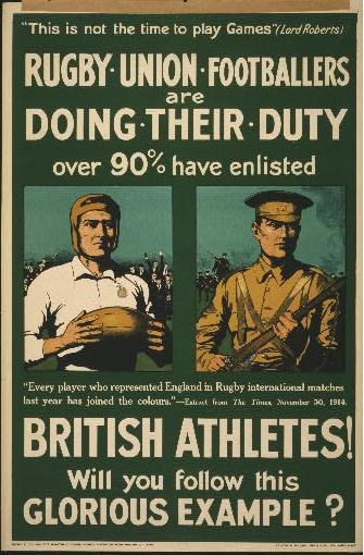 Britische Rugby-Union-Spieler in einem Plakat, das über 90% Einberufung von Athleten in den Militärdienst wirbt, mit begleitendem Text.