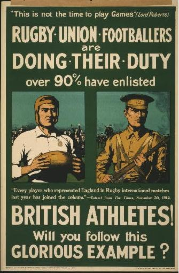 Britische Rugby-Union-Spieler in einem Plakat, das über 90% Einberufung von Athleten in den Militärdienst wirbt, mit begleitendem Text.