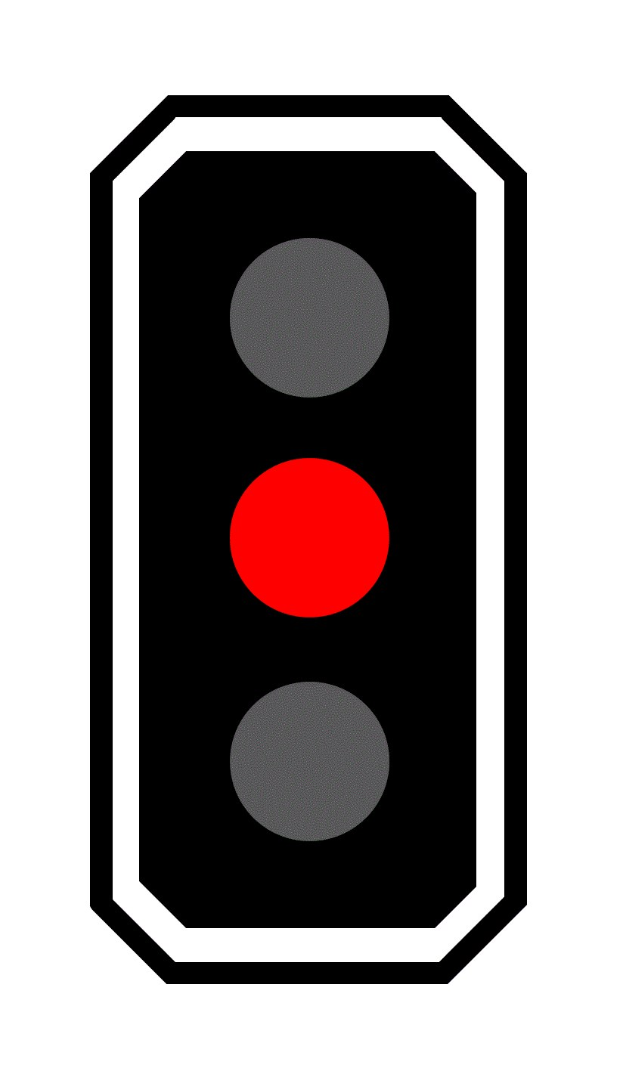 Schwarzer und weißer Ampel mit drei leuchtenden roten Lichtern.