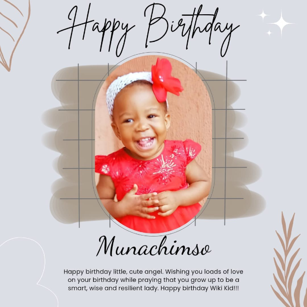 Eine Geburtstagskarte mit einem Foto eines kleinen Mädchens in einem roten Kleid, geschmückt mit bunten Ballons, Bändern und Konfetti, mit "Herzlichen Glückwunsch!" in einer festlichen Schrift.