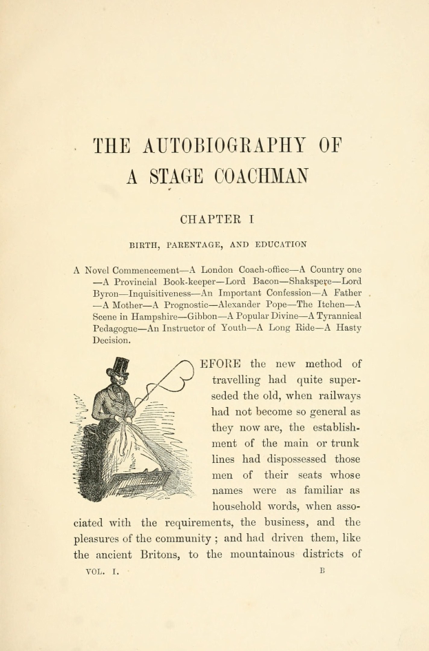 Offenes Buch mit dem Titel "Die Autobiografie eines Kutschers" zeigt eine Zeichnung eines ernst dreinblickenden Kutschers in einem Anzug, Hut und mit einer Peitsche und einem Buch.