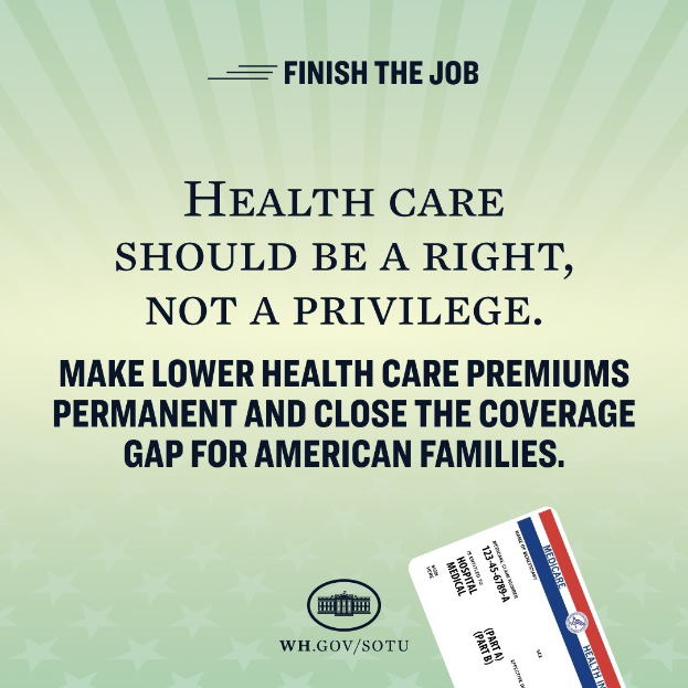 Plakat mit dem Text "Beende den Job: Gesundheit sollte ein Recht sein, nicht ein Privileg" und einer Karte mit der Aufschrift "Mach niedrigere Gesundheitsprämien permanent und schließe die Lücke in der Gesundheitsversorgung für amerikanische Familien."