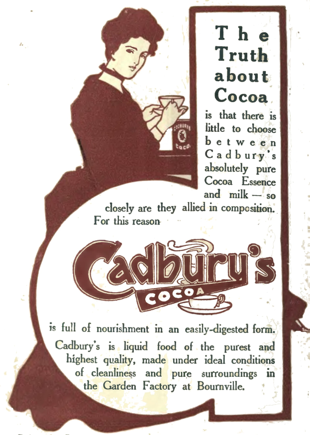 Anzeige für Cadbury's Kakao mit einer Frau, die eine Tasse Kakao hält, und Werbetext.
