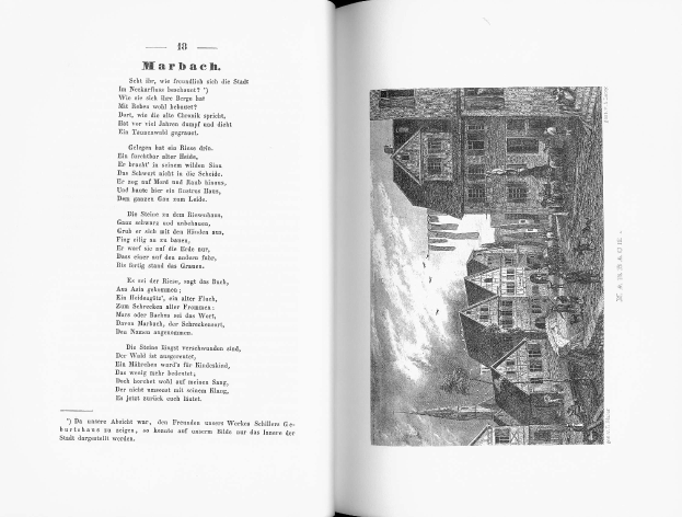 Ein aufgeschlagenes Buch mit dem Titel "Die Geschichte Deutschlands" zeigt eine Schwarz-Weiß-Illustration einer Stadtlandschaft mit Gebäuden, Menschen und Himmel, begleitet von Text.