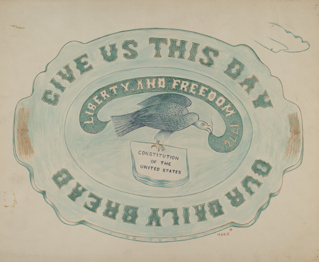 Ein Plakat mit der Aufschrift "Gib uns heute Freiheit und Freiheit" in Weiß auf einem blauen Hintergrund, das eine bunte Taube mit ausgebreiteten Flügeln zeigt, umgeben von einem Kreis aus Sternen und Streifen.