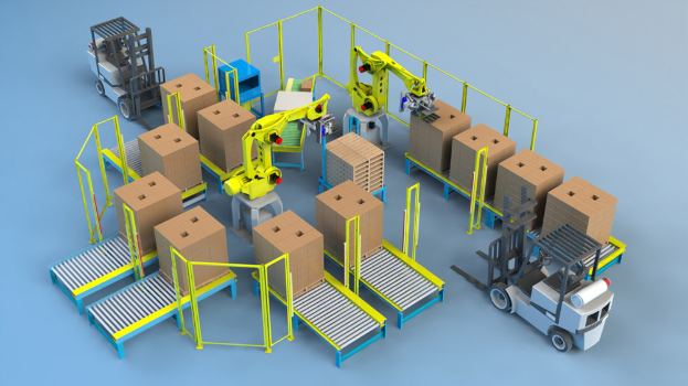 Eine Gruppe automatisierter Roboter, die auf Förderbändern in einem Lager arbeiten, umgeben von Kartons und Fahrzeugen.