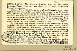 Papierdokument mit gedrucktem Text und einem roten Stempel, auf dem steht: "Thomas Gill's Fine Cutlery, Razors, Scissor, Penknives, Lancets, Patent Masticators, Gravers, Warranty Swords, Guns, Pistols, etc."