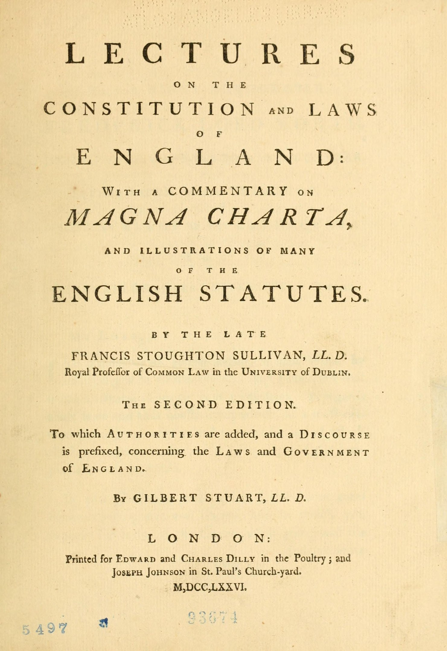 Altes Buch mit dem Titel 'Vorträge über die Verfassung und Gesetze Englands mit einem Kommentar zur Magna Charta und Illustrationen vieler englischer Gesetze' geöffnet auf einer Seite mit schwarzer Tintenschrift.