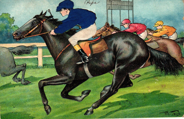 Malerei von drei Jockeys auf Pferden beim Rennen, mit einem Zaun, Bäumen und Himmel im Hintergrund und dem Text "Pferderennen" unten.