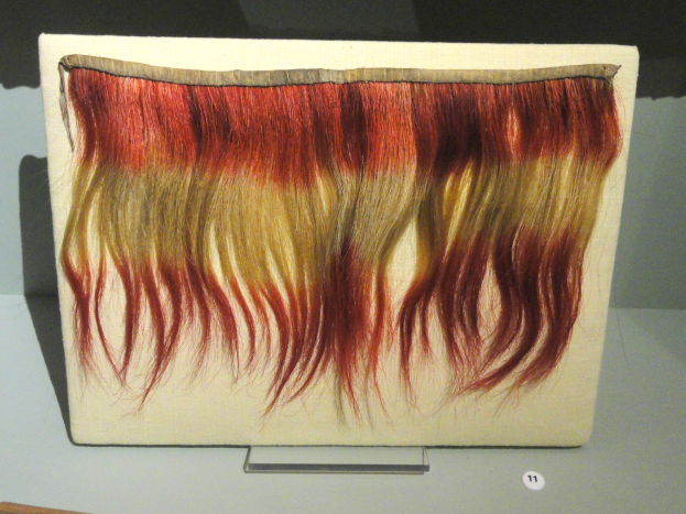 Nahaufnahme eines leuchtenden, bunt gefärbten Haarstücks auf einem Brett in einer Museumsausstellung.