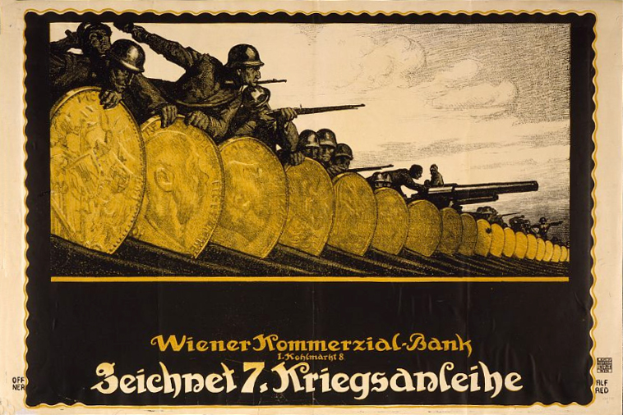 Eine Gruppe von Helme tragenden Individuen mit Waffen, mit dem Text "Wiener Kommmerzial Bank" unten, auf einem deutschen Propagandaplakat der deutschen Armee während des Zweiten Weltkriegs.