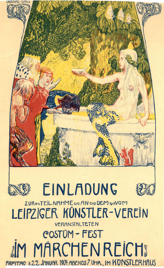 Ein Plakat, das ein Festival in München ankündigt und ein Gemälde einer Frau mit menschlichem Gesicht zeigt, umgeben von anderen Menschen und Bäumen, mit Text.