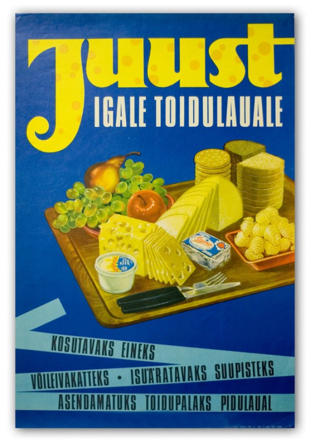 Ein Plakat mit verschiedenen Lebensmitteln wie Früchten, einem Messer, einer Schüssel und anderen essbaren Produkten, begleitet von Text.