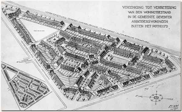 Schwarz-weißer Architekturplan eines dicht bebauten Stadtgebiets mit einem prominenten Gebäude, das likely als Rathaus identifiziert wurde, mit begleitendem Text.
