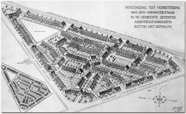 Schwarz-weißer Architekturplan eines dicht bebauten Stadtgebiets mit einem prominenten Gebäude, das likely als Rathaus identifiziert wurde, mit begleitendem Text.