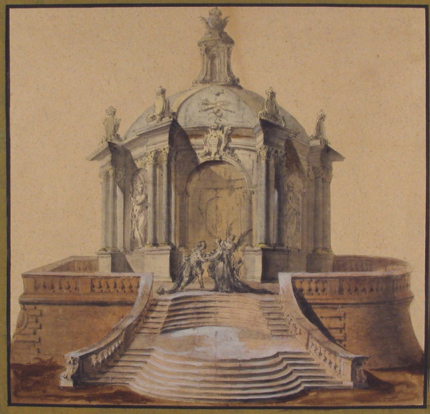 Ein gerahmtes Bild einer klassischen Brunnenfigur mit einer Statue darauf, umgeben von Stufen und zusätzlichen Skulpturen.