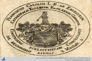 Altes Buch mit einem Wappen, das einen Schild, eine Krone, einen Lorbeerkranz und das Wort "Bibliothek" auf einem Banner sowie darunter das Wort "Bibliotheken" zeigt.