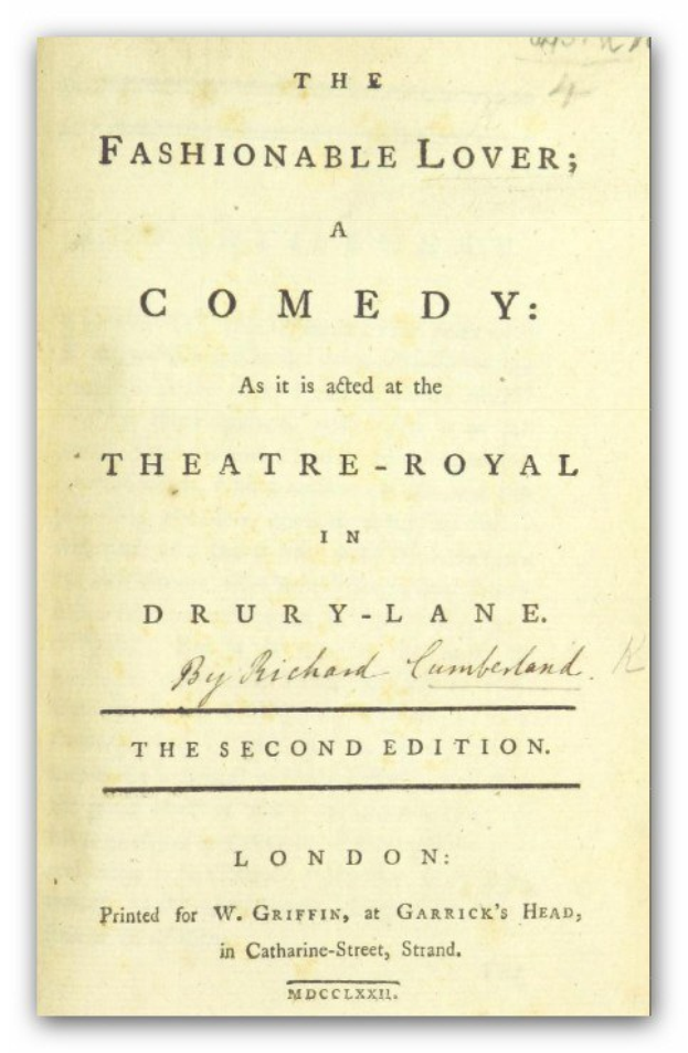 Titelblatt des Stücks "Der Modekäuser: Eine Komödie, wie sie im Theatre-Royal in Drury Lane gespielt wird" auf einem weißen Hintergrund.
