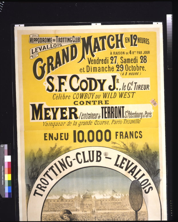 Alte Ankündigung für ein großes Match zwischen S.F. Cody und Meyer mit Textbeschreibung