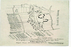 Detailiertes altes Stadtplan von Chropatschow, Deutschland, zeigt Straßen, Gebäude, Sehenswürdigkeiten und Text mit zusätzlichen Stadtinformationen.