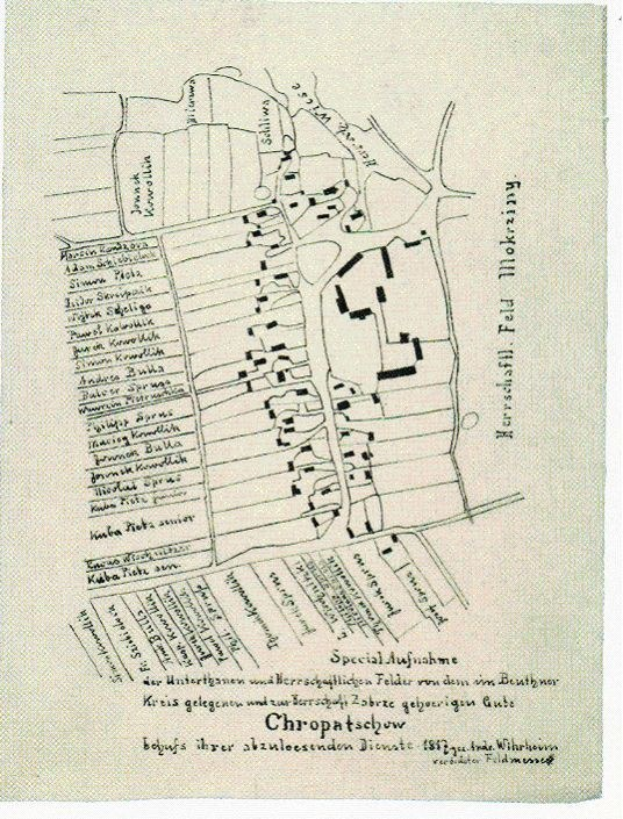 Detailiertes altes Stadtplan von Chropatschow, Deutschland, zeigt Straßen, Gebäude, Sehenswürdigkeiten und Text mit zusätzlichen Stadtinformationen.