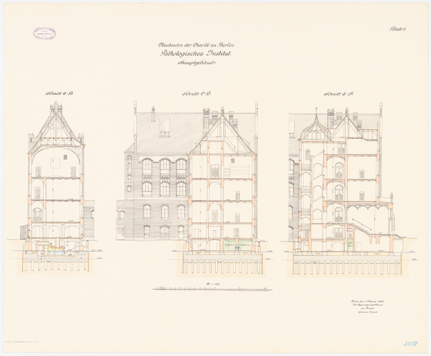 Ein detaillierter architektonischer Grundriss der Charles II-Schule in Berlin, der ein Gebäude mit zahlreichen Fenstern sowie umfassende Pläne und Texte zeigt.