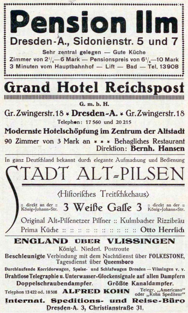Eine alte Zeitungsannonce f├╝r das Pensionshaus in Dresden, Deutschland, mit schwarzem Text auf wei├čem Hintergrund.