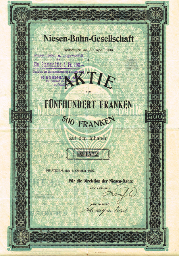 Ein altes deutsches Aktienzertifikat mit grünem Rand, das den Text 'Niesen-Bahn-Gesellschaft' trägt und wahrscheinlich von der deutschen Regierung ausgegeben wurde.