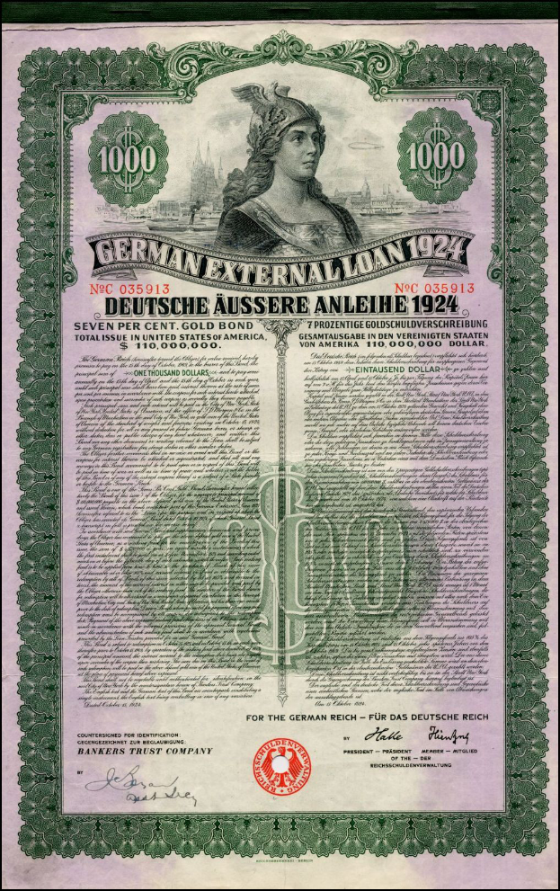 Eine 1924er deutsche Auslandsdarlehen-Banknote mit einer Frau und Text und Zahlen, die ihren Nennwert angeben.
