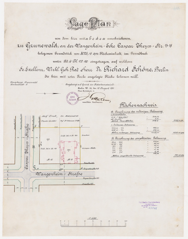 Detaillierter alter Stadtplan-Dokument, der eine große Parkplatzanlage in Berlin zeigt, mit Text und einem Stempel, der den Standort markiert.