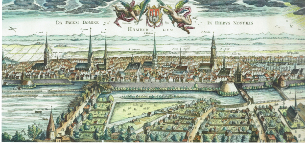 Eine stilisierte Karte von Hamburg, Deutschland, mit Gebäuden, Bäumen, Wasser, Vögeln und Wolken am Himmel, sowie Text oben.