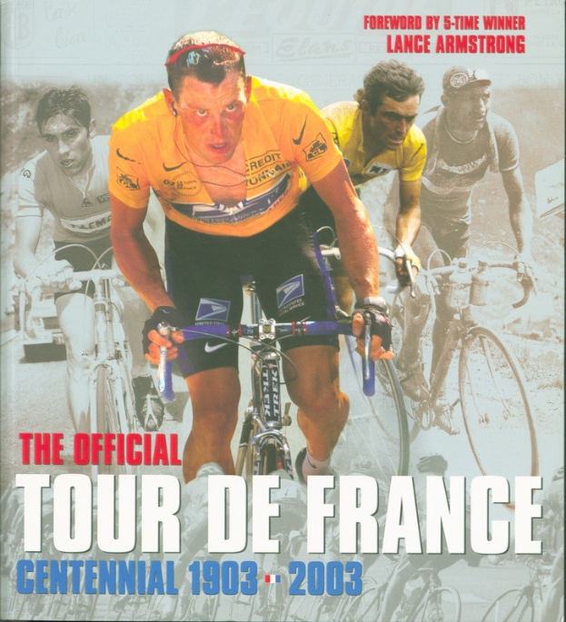 Offizielles Tour-de-France-Jubiläumsplakat (1903–2003) mit Radfahrern in einer Gruppe mit Text.