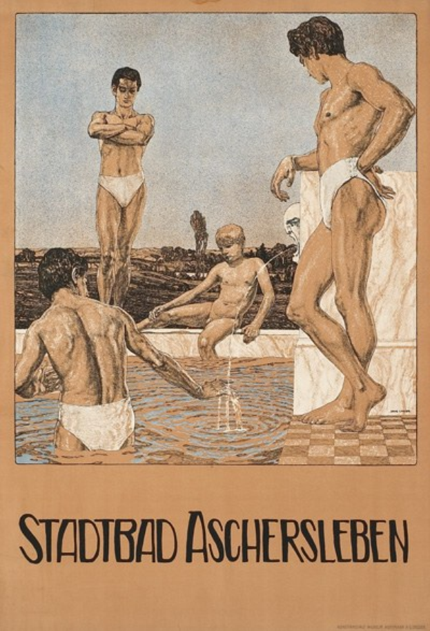 Ein Plakat für ein Schwimmbad in Aschersleben, Deutschland, das Menschen im Wasser zeigt, darunter eine sitzende Person, begleitet von Text.