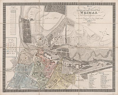 Ein detaillierter alter Stadtplan von Weimar, Deutschland, der Straßen, Gebäude und Sehenswürdigkeiten zeigt, mit begleitendem Text, der Informationen über die Bevölkerung, Sehenswürdigkeiten und Straßen der Stadt enthält.