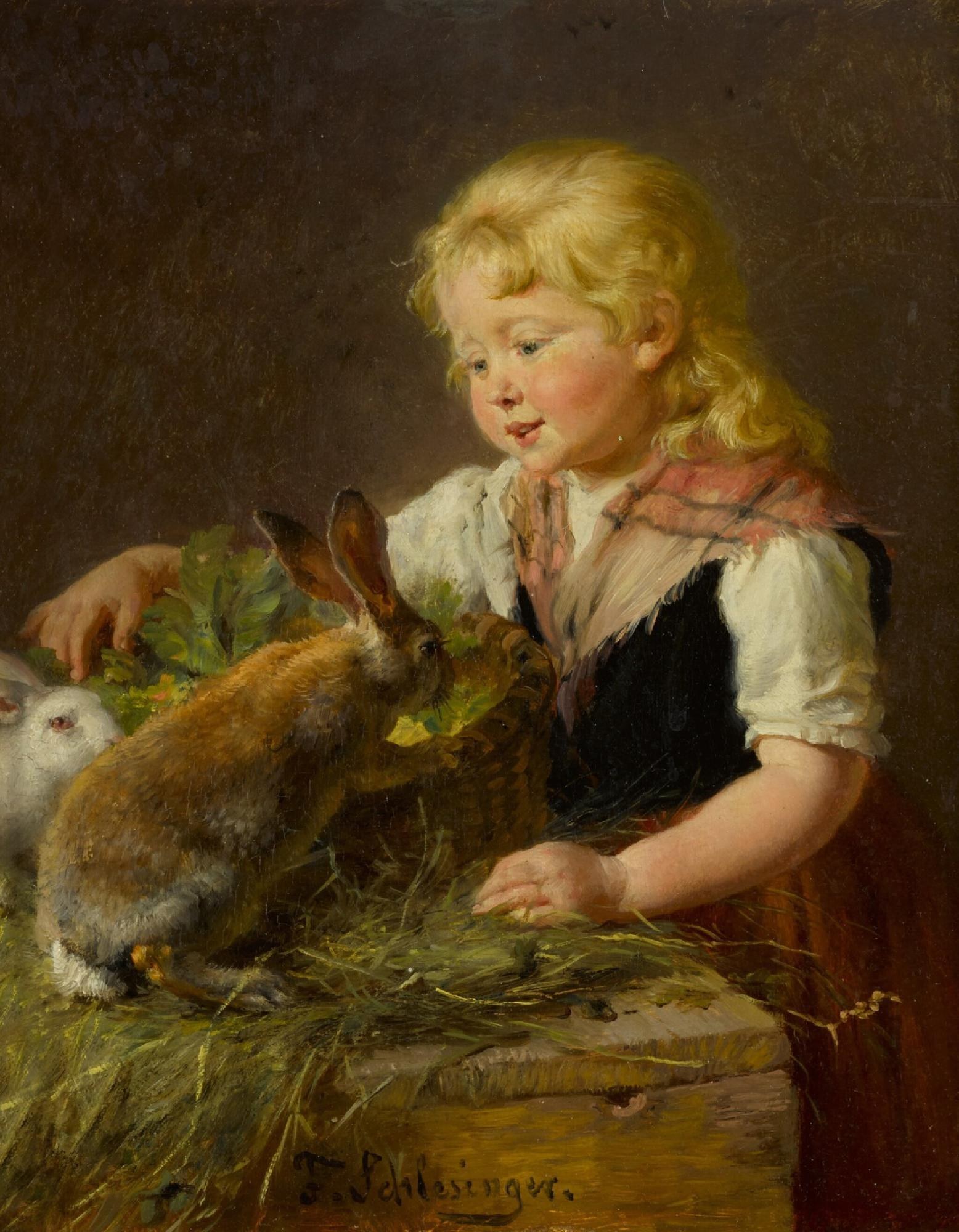 Gemälde namens 'Osterhase' von Thomas Schlesinger zeigt ein kleines Mädchen mit zwei Hasen in einem Korb, umgeben von grünem Gras und Blättern.