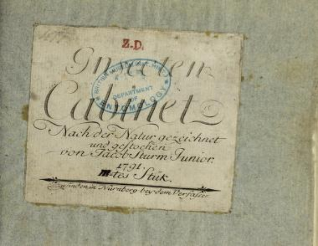 Altes Buch mit dem Titel "Z.D. Nürnberg, Deutschland, 1791" mit einem Stempel, das gealtertes Papier mit handgeschriebener Text zeigt.