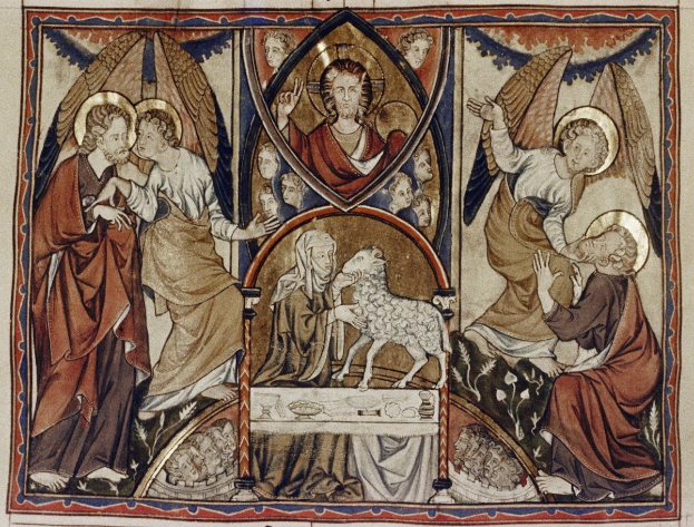 Illuminierte Handschriftenseite, die die Geburt Jesu und Maria Magdalena zeigt, mit Menschen in traditioneller Kleidung um einen Tisch versammelt, der ein zentrales Schaf präsentiert.