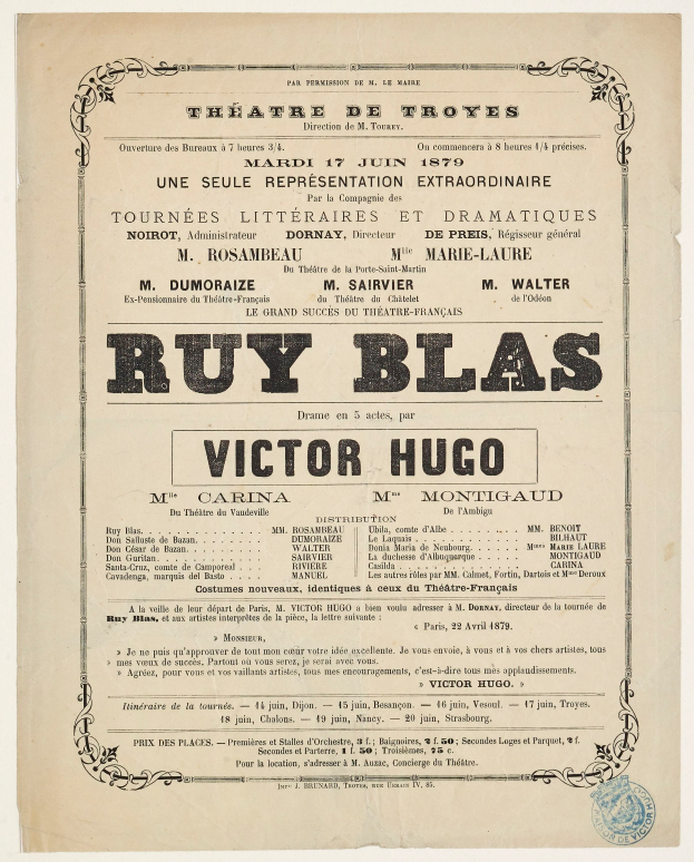 Eine alte Zeitungsannonce für das Stück "Ruy Blas" von Victor Hugo