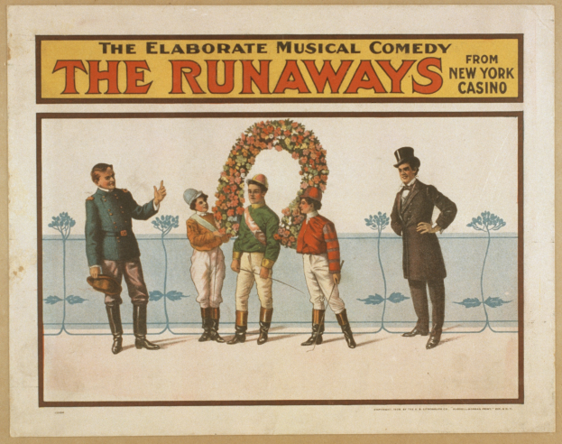 Ein Plakat für die Elaborate Musical Comedy Runaways aus dem New Yorker Casino, das eine Gruppe von Menschen in einer Reihe zeigt, wobei eine Person einen Blumenstrauß hält, und Text, der die Komödie beschreibt.