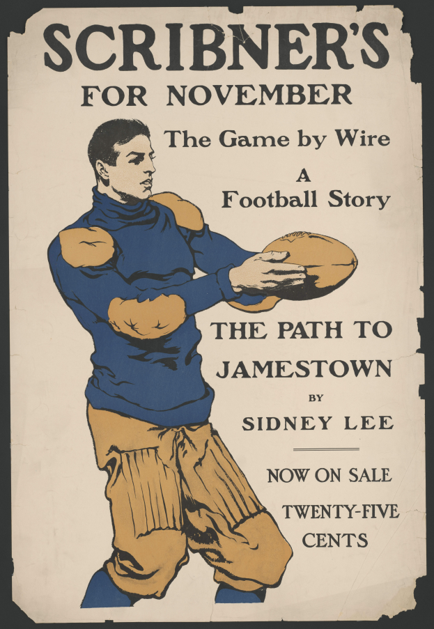 Eine Person mit entschlossener Miene, die einen Fussball mit ausgestreckten Armen h├Ąlt, bereit zum Werfen, mit dem Text "Scribner's for November: The Game by Wire Football Story" ├╝ber dem Bild.